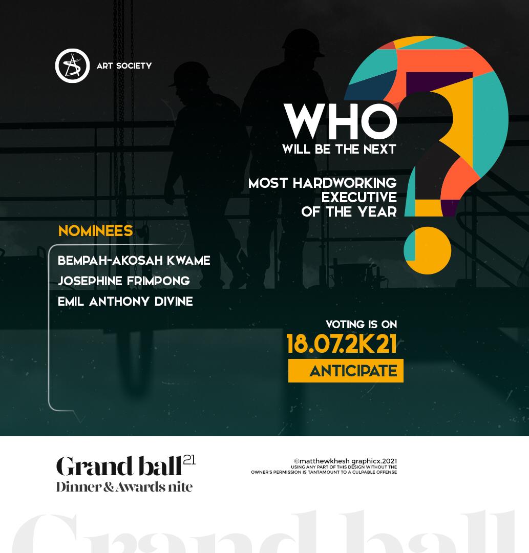ArtSoc_KNUST's tweet photo. Dear Art Society,

Your nominees for the various award categories are as follows. Please decide on who you will vote for and show them some love on the 18th of July.

More categories will be shared I'm due time.

Thank you

#Grandball21
#ArtSocietyAwards
#FacultyOfArtsKNUST https://t.co/ZrKS9ZtZhr