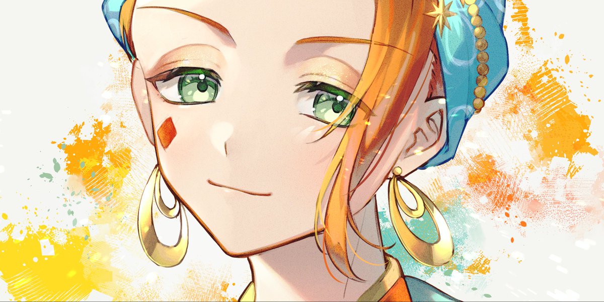 jewelry green eyes solo earrings smile orange hair portrait  illustration images