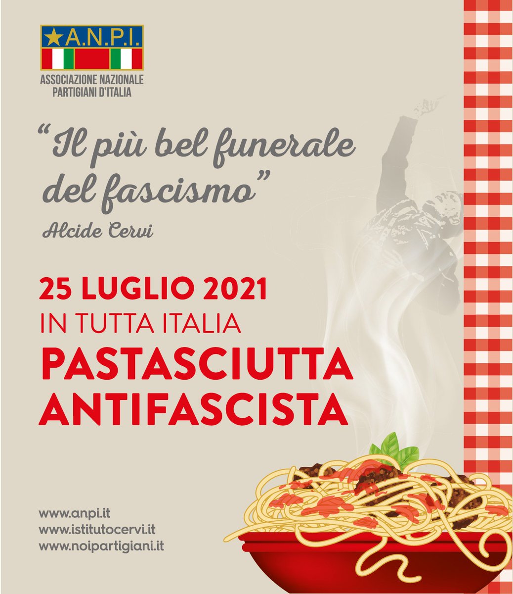 Il 25 luglio festeggeremo il 78° anniversario della caduta del regime criminale di Benito Mussolini. Pastasciutta antifascista in tutta Italia in ricordo di quella offerta dalla famiglia Cervi proprio in quel 25 luglio 1943

#pastaliberatutti
#avantiantifascismo
