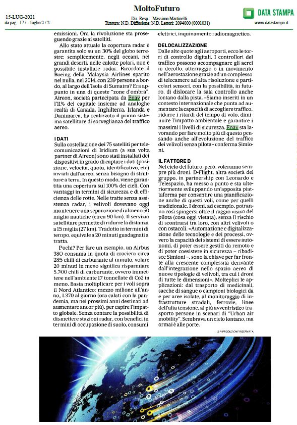 ENAVSpA's tweet photo. Una rete di satelliti per controllare aerei e droni #moltofuturo @ilmessaggeroit risparmio di tempo e carburante grazie alla piattaforma realizzata da @AireonLLC, partecipata da #enav
#freeroute #Digital #Tower @idsairnav @D_Flight_SpA
✈️🌍🌏🌎🛰️ https://t.co/lQHHk1KpG0