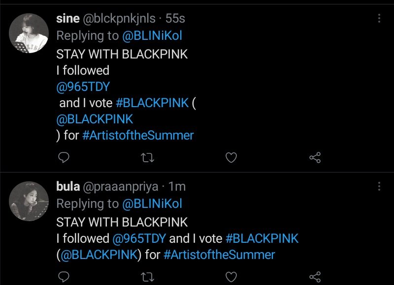 BLINiKol's tweet photo. #BulaNe🤧🤍 @praaanpriya @blckpnkjnls
STAY WITH BLACKPINK
I followed @965TDY and I vote #BLACKPINK (@BLACKPINK) for #ArtistoftheSummer https://t.co/NgNFKhjb3V