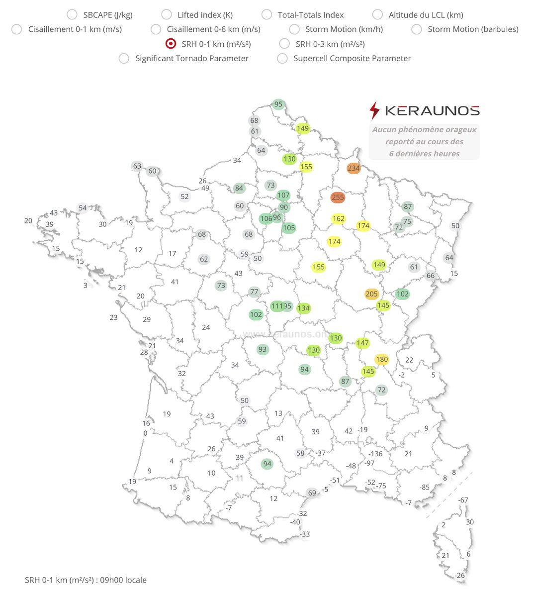  Explication des différents paramètres de notre carte en temps réel : SRH 0-1 km : l’hélicité relative (Storm Relative Helicity) est une mesure de la quantité de tourbillon horizontal présent en un point donné. Part 1/4 