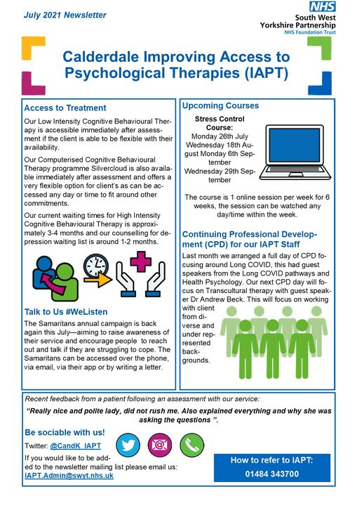 Look what's happening in our Calderdale team 
<a href="/calderdaleccg/">NHS Calderdale CCG - account no-longer active</a> <a href="/RecColCalKirk/">Calderdale & Kirklees Recovery & Wellbeing College</a> <a href="/allofusinmind/">SouthWestYorkshire Partnership NHS FoundationTrust</a>