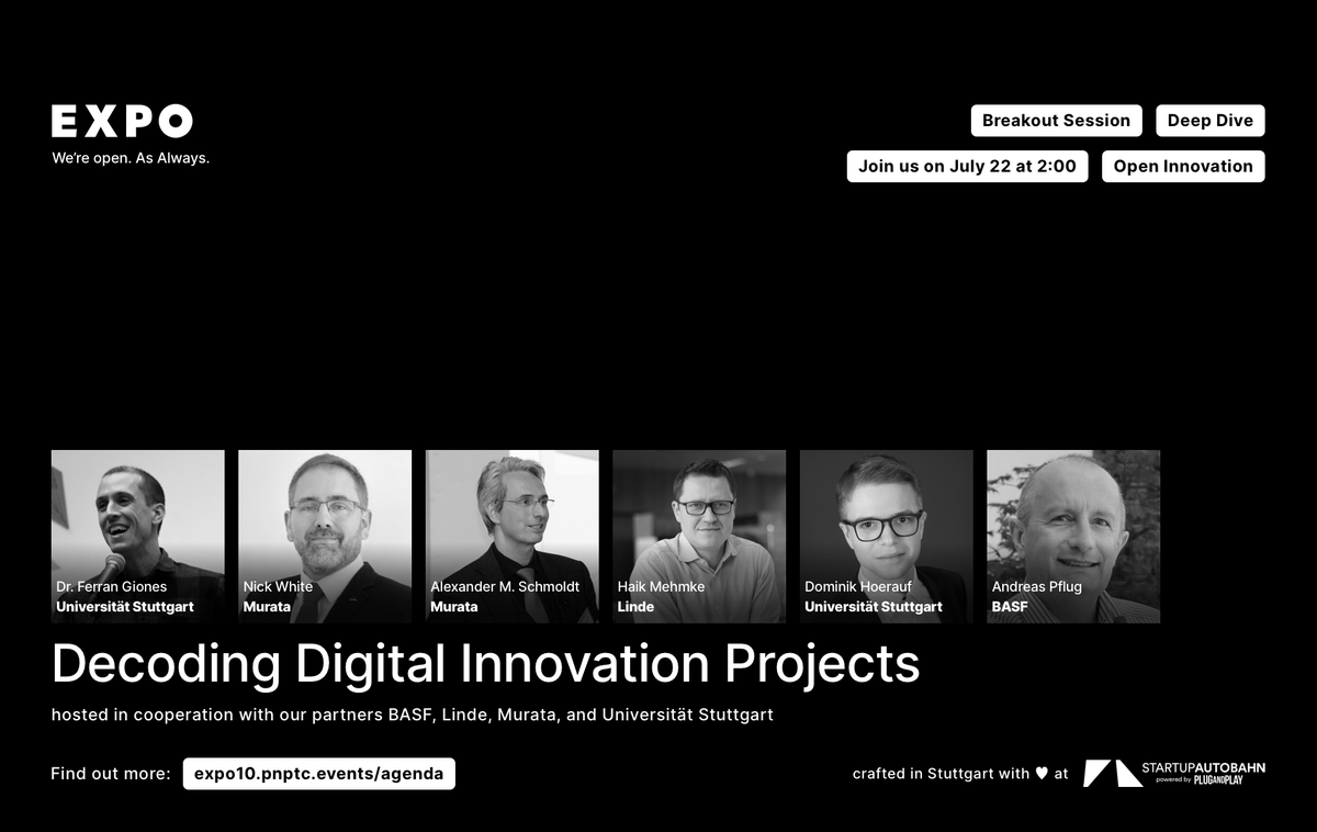 StartupAutobahn's tweet image. Join us on July 22 from 2:00 - 2:45 PM CEST to learn about how to 'Decode Digital Innovation Projects.' This session will be hosted by industry leaders from @BASF, @Linde, @Murata, and @Uni_Stuttgart. 

Be sure to get your ticket: lnkd.in/d7Xps_Y

#STARTUPAUTOBAHN