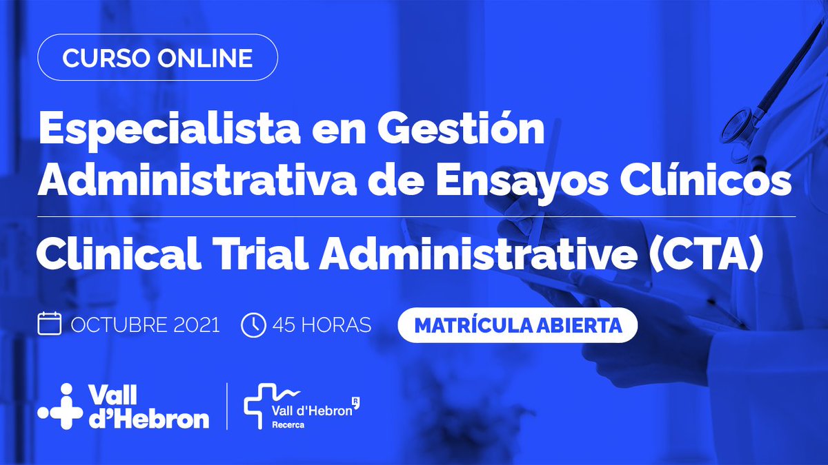 vallhebron's tweet photo. Convocatoria abierta para apuntarse al curso 'Especialista en Gestión Administrativa de Ensayos Clínicos (CTA)' organizado por el @VHIR_.

🗓 Octubre 2021
💻 Virtual
⏱ 45 h

ℹ️ Matrícula Abierta: https://t.co/orgnLT5JV7
➕ Info a https://t.co/LCpLMEfRTV https://t.co/F8azVUcb3d