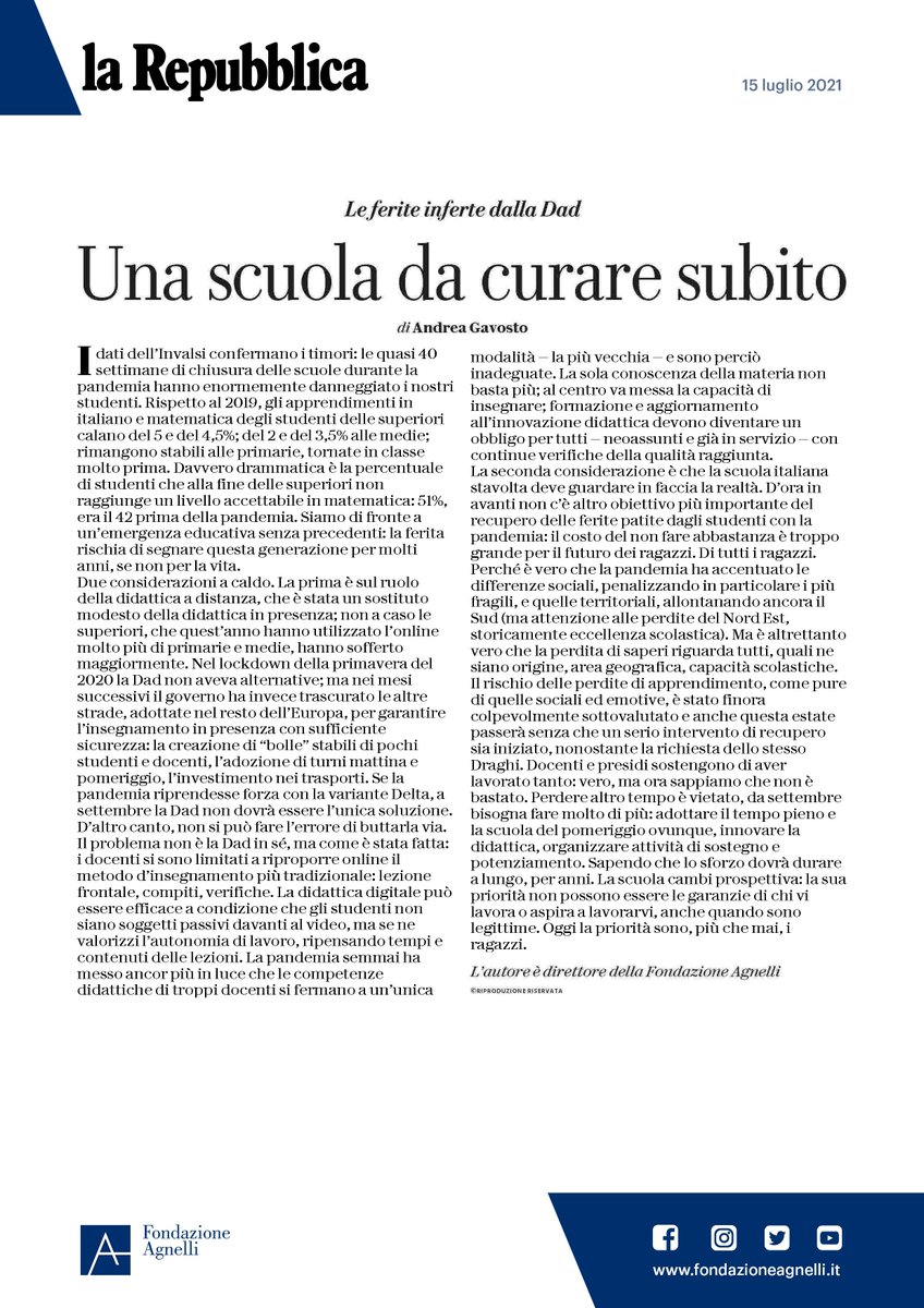 Fondazione Agnelli (@fondagnelli) on Twitter photo Una scuola da curare subito. A lungo, con sforzo straordinario, assoluta priorità agli studenti. Più qualità dei docenti e della didattica per il recupero delle perdite di apprendimento e socialità, finora sottovalutate. @AGavosto sui pessimi dati #Invalsi 2021 su <a href="/repubblica/">Repubblica</a> Una scuola da curare subito. A lungo, con sforzo straordinario, assoluta priorità agli studenti. Più qualità dei docenti e della didattica per il recupero delle perdite di apprendimento e socialità, finora sottovalutate. @AGavosto sui pessimi dati #Invalsi 2021 su <a href="/repubblica/">Repubblica</a>