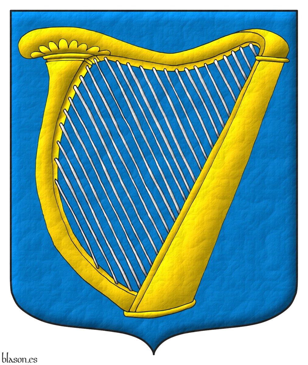 ntoniosalmeron's tweet image. These are arms of Ireland emblazoned by me. Blazon: Azure, a harp Or, stringed Argent.
_
Estas son las armas de Irlanda pintadas por mí. Blasón: Escudo de azur, un arpa de oro, cordada de plata.
_
#Harp #Stringed