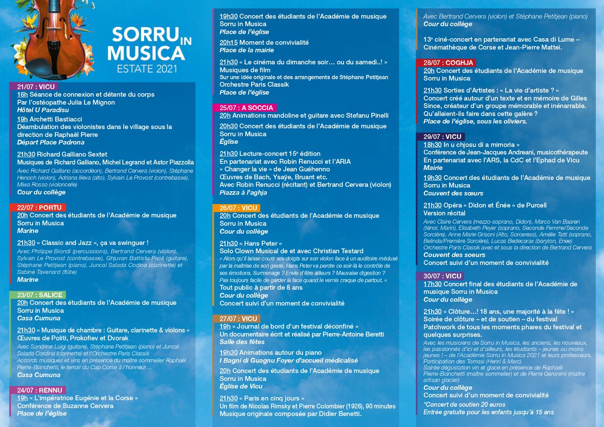 SorruInMusica's tweet photo. Nous sommes ravis de vous dévoiler le PROGRAMME Sorru in Musica 2021 🌟
Lecture-concert, jazz, dégustation de vin, opéra, ciné-concert, Solo Clown musical... La 18ème édition du festival s'annonce mémorable !
Grand départ dans moins d'une semaine 🎻 https://t.co/galctai1Ug