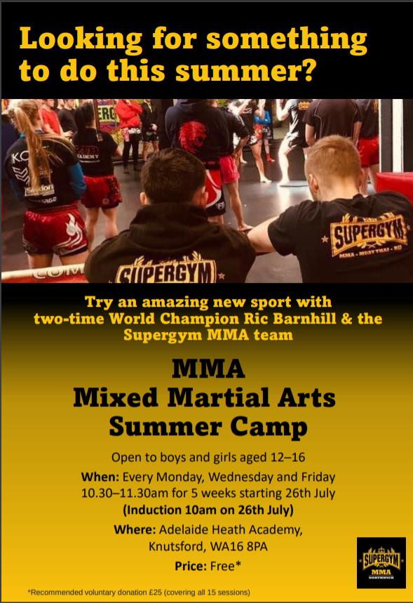 CheshireCF's tweet photo. Please help us spread the word about this #Knutsord #summer activity for #teenagers - Mixed Martial Arts Summer Camp #MMA it's an amazing #free opportunity, the coach is an absolute legend and two-time world champion. Venue is @heath_academy just turn up! https://t.co/CulxI52Jwg