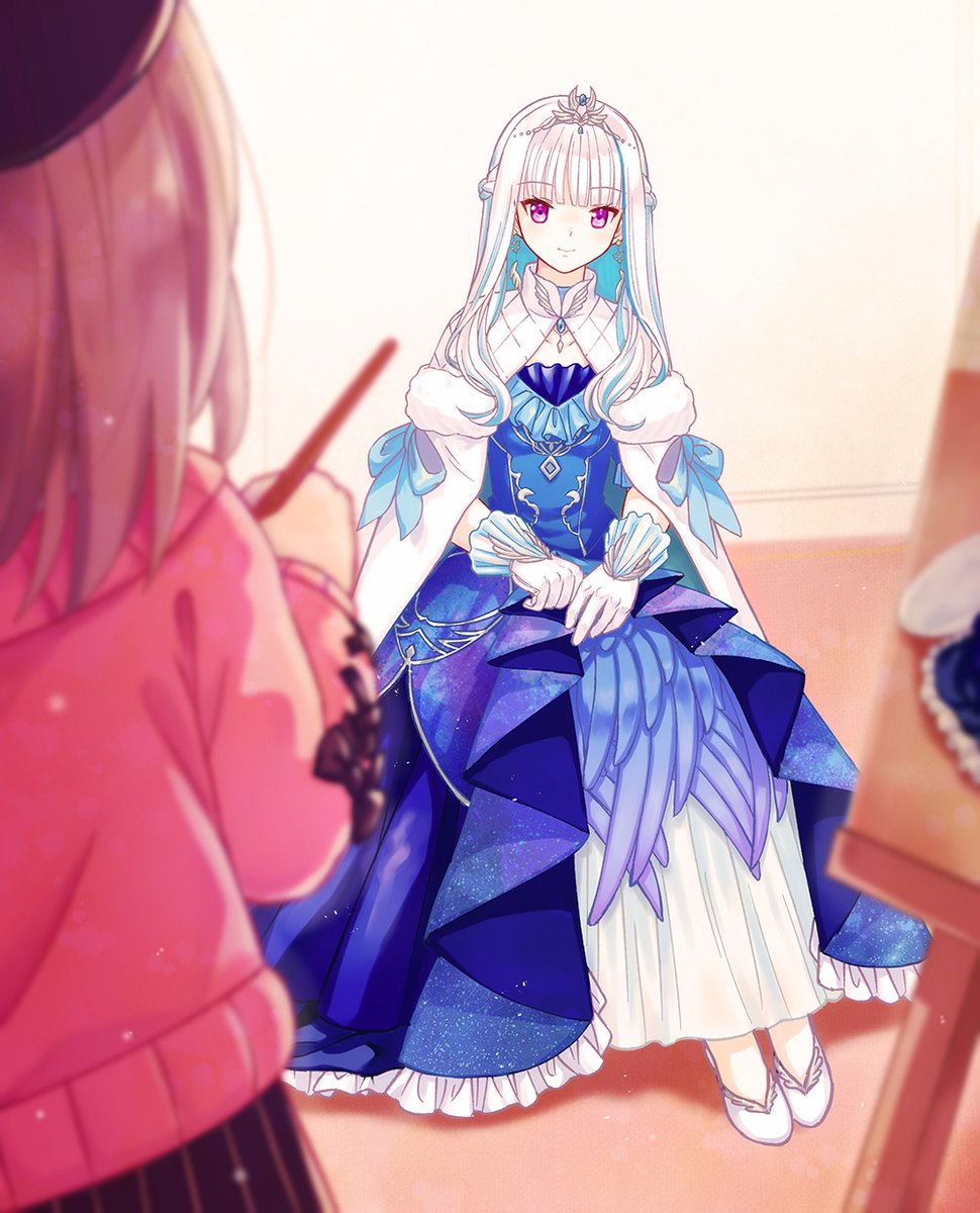 lize helesta multiple girls 2girls dress blue dress white footwear sitting white hair  illustration images