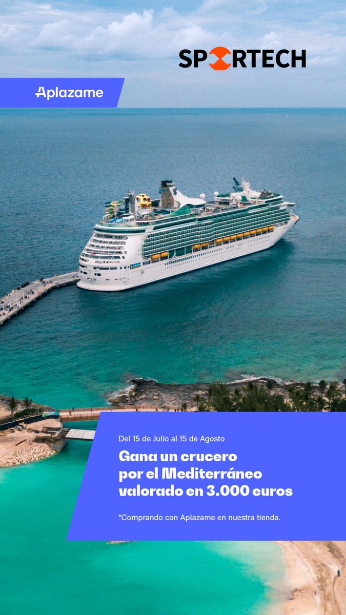 ¡SORTEO! Crucero por el Mediterráneo para 2 personas valorado en +3.000€ entre todas las compras financiadas con Aplazame que se realicen del 15 de julio al 15 de agosto.
¿Qué hacer para participar? COMPRAR Y FINANCIAR.  
Si quieres saber más visita sportech.store