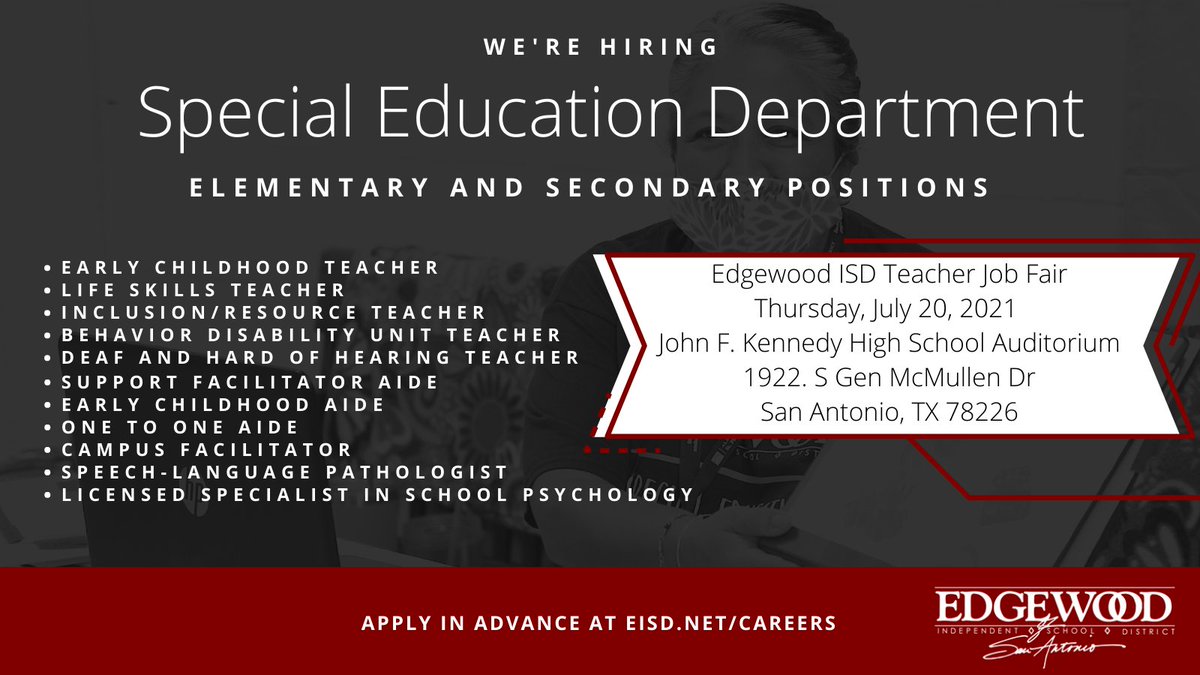 We're hiring for the 2021-2022 school year🧑‍🏫 Join our team by applying at eisd.net/careers and attend the #Teacher #JobFair on July 20th to speak with principals and HR staff. #SpecialEducation