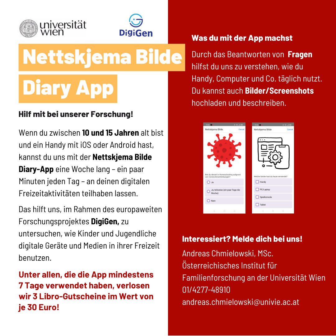 Andreas Chmielowski (@chmielowski_) on Twitter photo Und ein zweiter Aufruf für eine Studienteilnahme, wieder zum <a href="/DigiGenEurope/">DigiGen - Research on the Digital Generation</a> -Projekt für die Altergruppe 10-15 J., diesmal für eine Befragung mittels App! Falls wer wen kennt :)
Bei Fragen gerne an mich wenden! Und ein zweiter Aufruf für eine Studienteilnahme, wieder zum <a href="/DigiGenEurope/">DigiGen - Research on the Digital Generation</a> -Projekt für die Altergruppe 10-15 J., diesmal für eine Befragung mittels App! Falls wer wen kennt :)
Bei Fragen gerne an mich wenden!