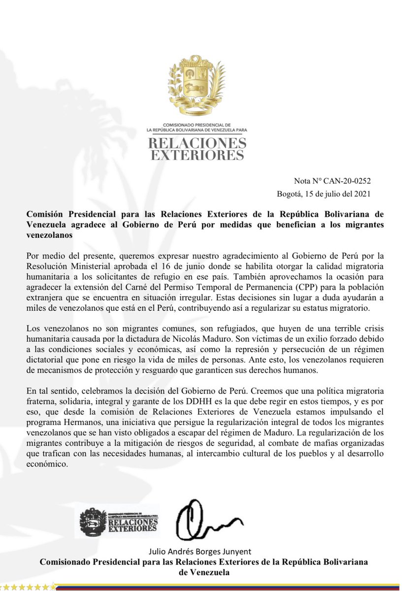 JulioBorges's tweet photo. Envíamos carta de agradecimiento al Gobierno de Perú 🇵🇪 por las medidas migratorias que han adoptado recientemente, las cuales benefician a los venezolanos que están en ese territorio. https://t.co/RhBYc1Ipjy
