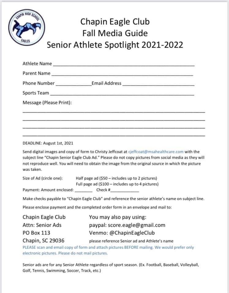 ChapinEagle's tweet photo. The deadline for Senior athlete fall media guide ads is August 1. ALL SENIOR ATHLETES FROM ALL SEASONS ARE INVITED TO SUBMIT A SENIOR AD! Please DM us or contact an Eagle Club Board member with any questions! https://t.co/ECPWhftxi9
