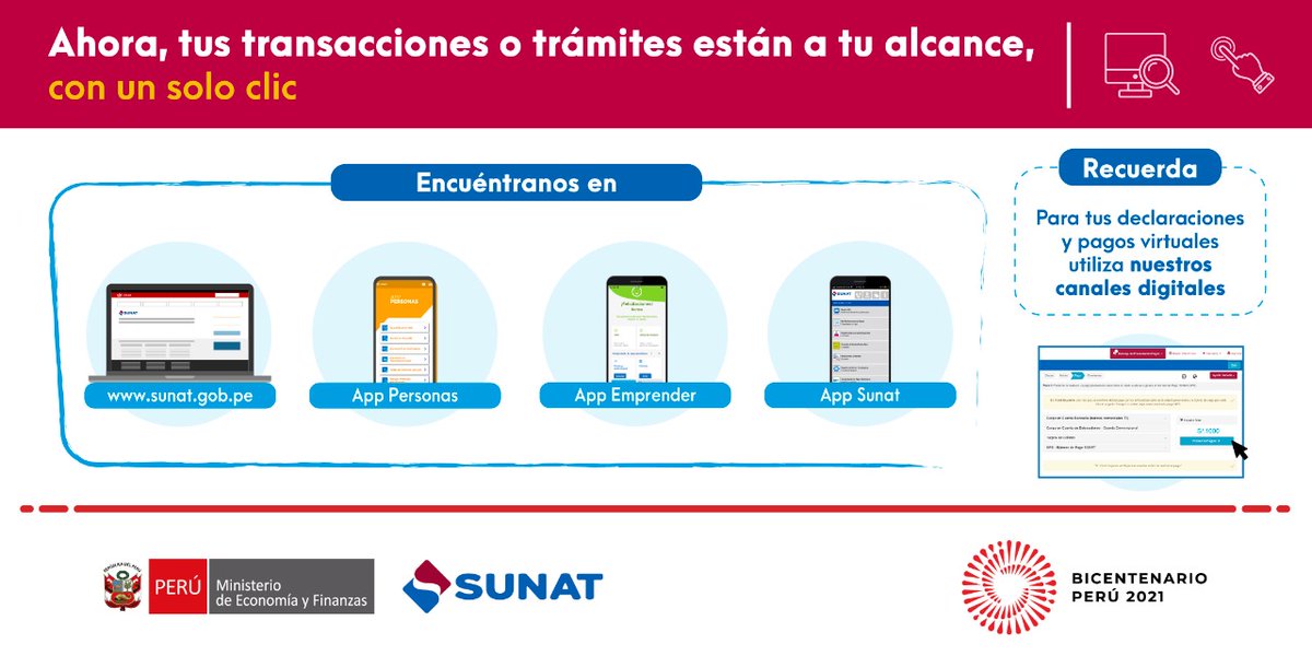 SUNATOficial's tweet photo. 📣 #SunatInforma| Realiza tus operaciones o trámites tributarios desde nuestros canales digitales, las 24 horas del día 🕕, los 7 días de la semana 🗓️.
💻 https://t.co/gM3I3ZFoFJ
📲 #AppPersonas
📲 #AppEmprender
📲 #AppSunat https://t.co/H9XXhf5O9A