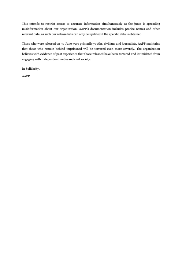 Situation Update by AAPP on 30 June Prison Releases

"AAPP believes with evidence of past experience that those released have been tortured and intimidated from engaging with independent media and civil society"

#WhatsHappeningInMyanmar

Link: aappb.org/?p=16532