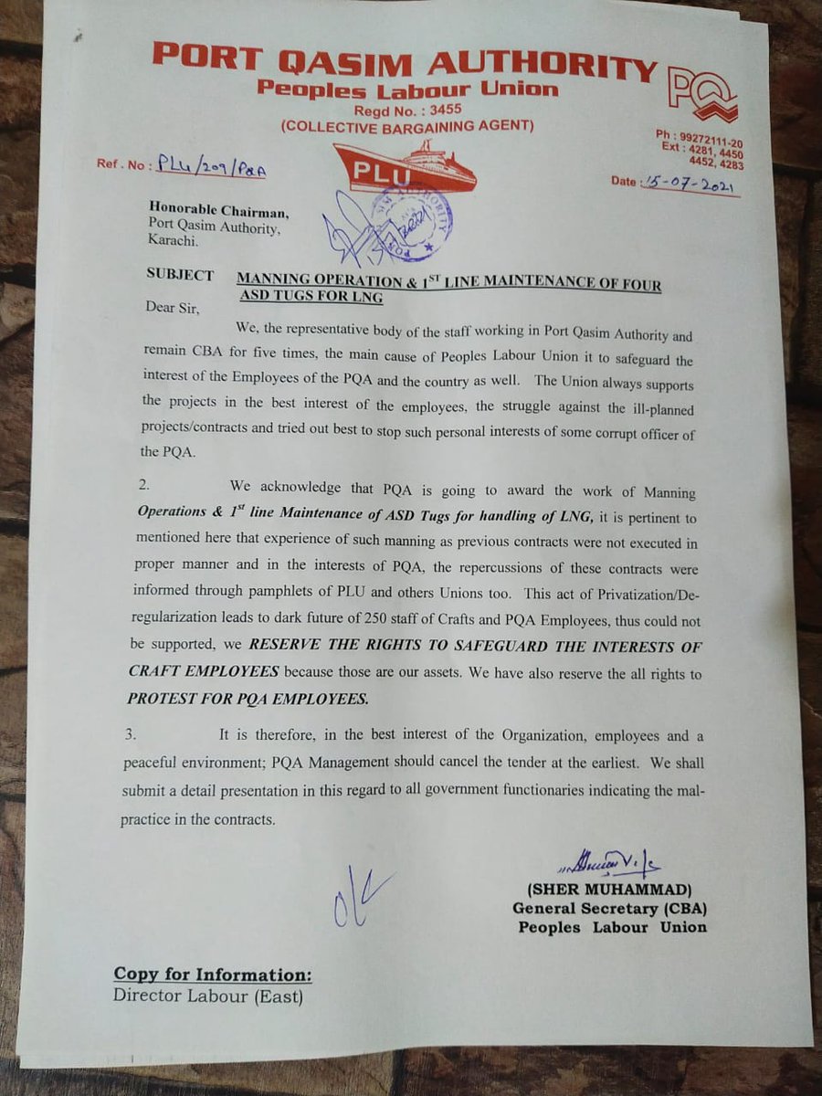 PLU_PQA's tweet photo. People's Labor Union Port Qasim Authority CBA has submitted a letter to the Chairman Port Qasim Authority against privatization. We appeal to the top leadership of the PPP to raise their voice against privatization.
#BhuttaKaPortQasim
@BBhuttoZardari @AseefaBZ @SaeedGhani1 https://t.co/7ziOnYNzM3