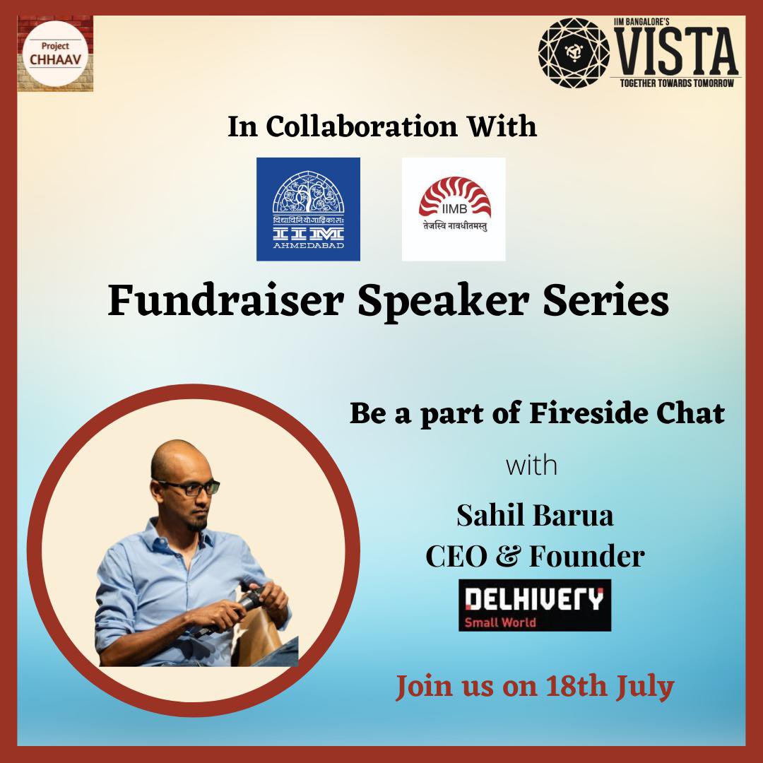 PChhaav's tweet photo. We’re glad to announce a fundraising event in collaboration with @iimbvista ! 

Join us on 18th July for an extremely interesting fireside chat with Sahil Barua the founder of @delhivery.
All proceeds will go towards equipping our #frontlineworkers with protective equipment. https://t.co/9K2XlOImxk