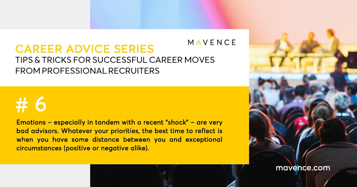 Mavence Career Advice Series - no.6:

Are emotions good career advisors? Our experts say... not really. When considering a change, be sure to give yourself space for objective reflection.

#Mavence #recruitment #career #talent #hiring #hr #business #jobs #jobsearch