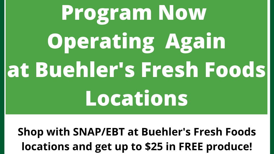 ProducePerks's tweet photo. Exciting news! We have started issuing new Produce Perks coupons at Buehler's Fresh Foods locations again. Shop with SNAP/EBT at Buehler's Fresh Foods and get up to $25 in FREE produce! #ProducePerks #youSNAPweMATCH https://t.co/TWBUVP0lY1