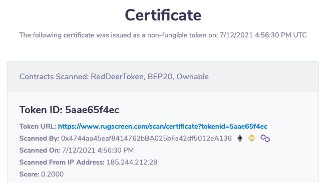 🦌✅Certificate by <a href="/RugscreenApp/">RugScreen</a> Scan 
RedDeerSwap passed scan RugScreen results "0.2 Points. Probably Not A Rug" 
rugscreen.com/scan/certifica…

#reddeerswap #BTC #BNB #Airdrop #BSC #DeFi #Bitcoin