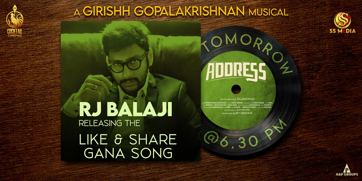 'ADDRESS ' 1st single Gana song Releasing Tomorrow at 6.30 pm by Director & Actor @RJ_Balaji @ntalkies_offl @Aandpgroups @kav_pandian @cocktailcinemas @rajamohan0312 @ggirishh @BarathEsakki @Dhanushajey1 @johnsoncinepro @kavingarsnekan @editor_tamil #Address