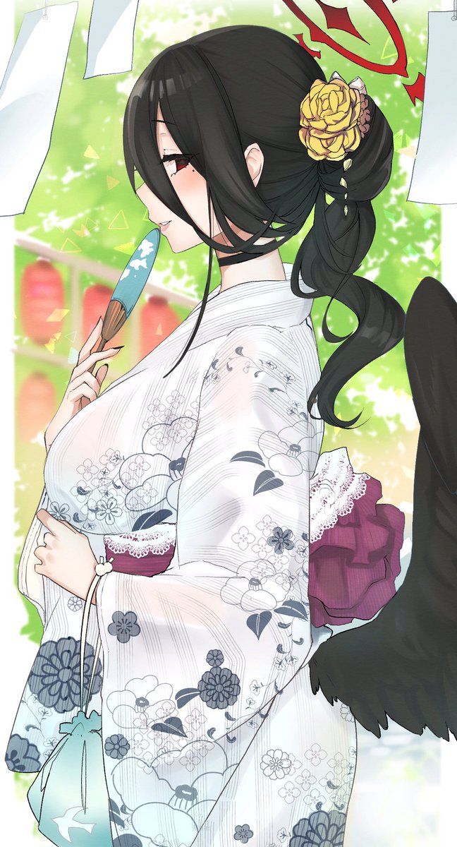 hasumi (blue archive) 1girl japanese clothes black hair kimono official alternate costume hand fan solo  illustration images