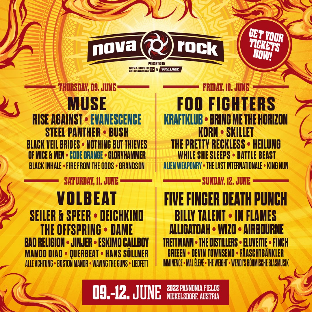 🔥 NEW ACTS for Nova Rock Festival 2022 🔥 Please welcome: @Kraftklub , @evanescence , @codeorangetoth & @AlienWeaponry ! Get your festival passes and day tickets now: novarock.at/tickets or bit.ly/NR22tickets