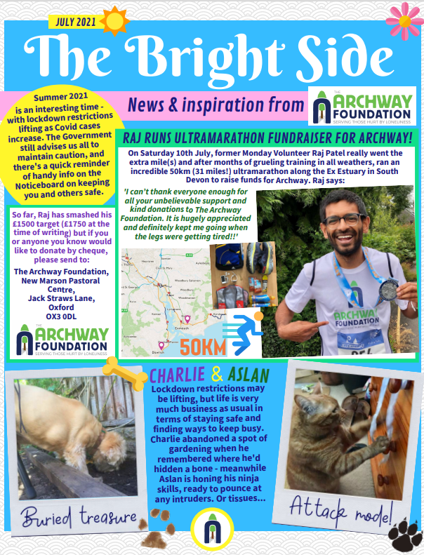 archwaycharity's tweet photo. The July issue of our monthly newsletter The Bright Side has gone to print, full of news &amp; inspiration (plus quizzes and info) to help give a lift to #loneliness🌞 https://t.co/oGxtnFp5uc