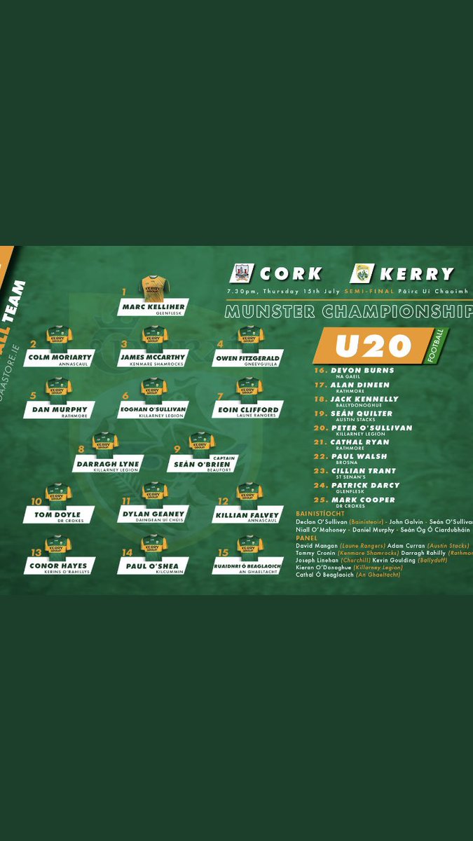 The Kerry u20 football side to face Cork in Pairc Ui Chaoimh in the Munster sf - the game is live on ⁦<a href="/GAA_BEO/">GAA BEO</a>⁩