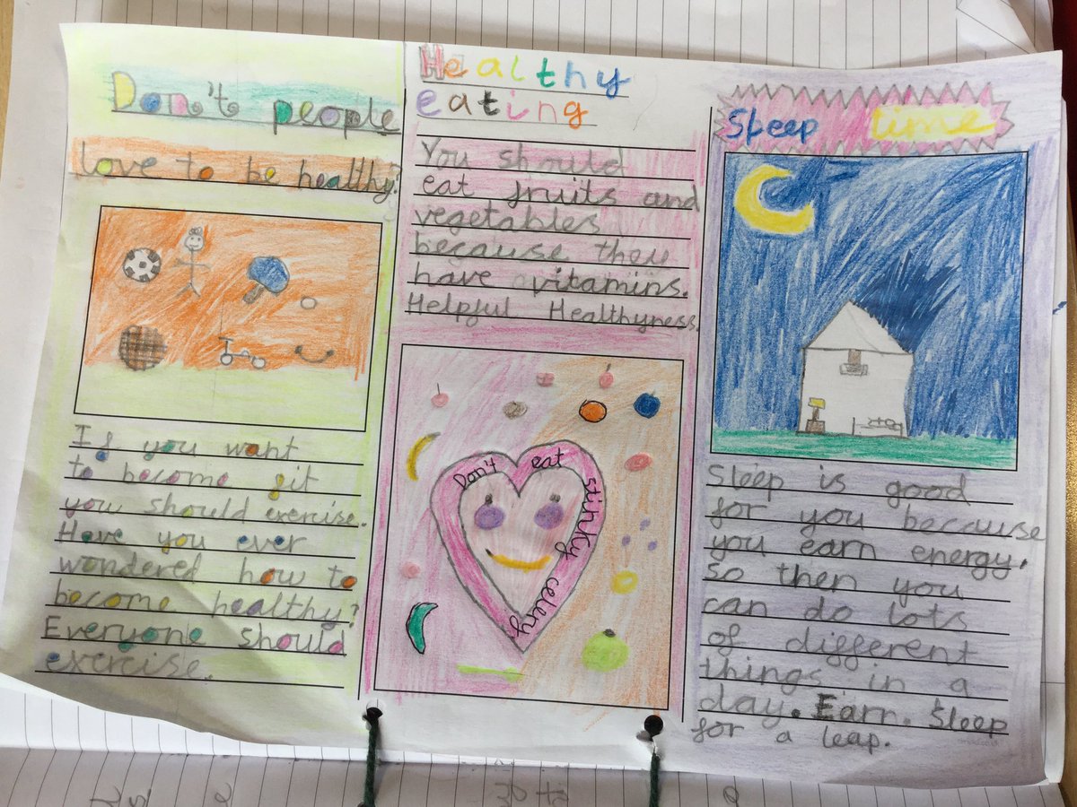MrsValean's tweet photo. Ash class has used a multitude of features in their persuasive brochure, eye catching colours and appealing pictures in order to persuade us to have a healthy diet! Well done everyone! #writingiscentral @Centralprimary https://t.co/JTpTWfPaxR