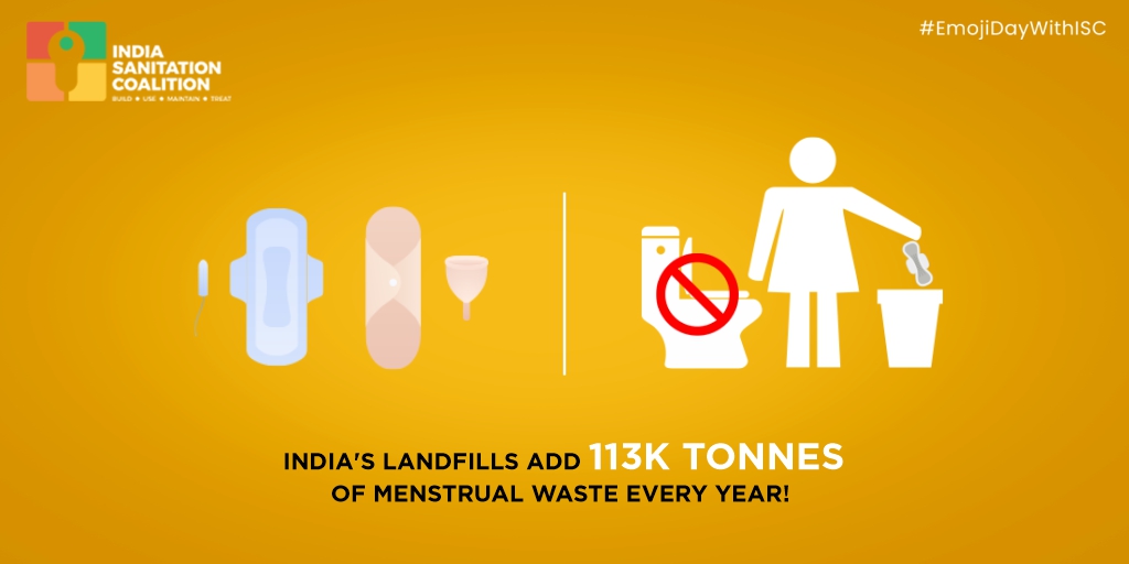 indsancoalition's tweet photo. Improper disposal of sanitary pads has led to difficulty in the segregation of waste at landfills, resulting in around 1,13,000 tonnes of menstrual waste annually. This Emoji Day, let's be mindful of our actions and create public awareness by sharing emojis with #EmojiDayWithISC https://t.co/NSERDAhLZI