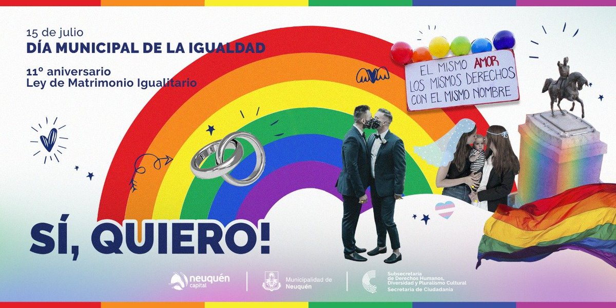 VergaraNqn's tweet photo. 15 de Julio Día Municipal de la Igualdad
Ordenanza N° 12.810 🏳️‍🌈

Desde #NeuquenCiudad celebramos un nuevo aniversario de la Ley que permitió a millones ser consideradxs de primera.

El mismo Amor, los mismos Derechos, con los mismos Nombres 
❤🧡💛💚💙💜
#MatrimonioIgualitario https://t.co/wWXRrQmIOS
