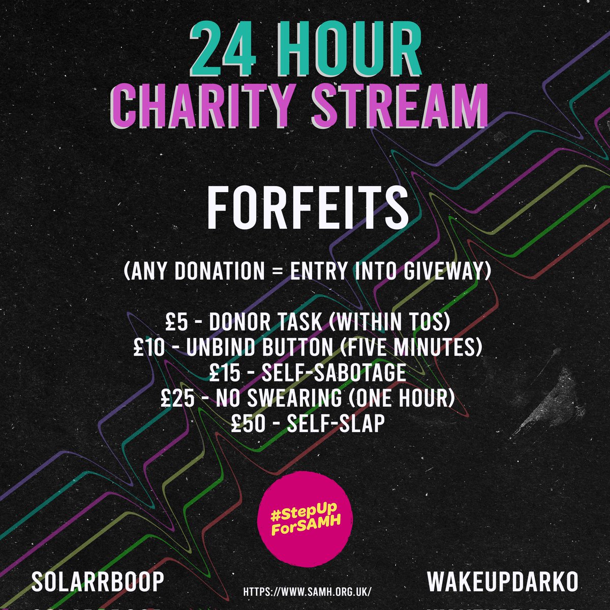 SolarrBoop's tweet photo. I promised more information on the charity stream for @SAMHtweets and here it is!

Yes, we're doing forfeits. 😳

After £500, each milestone adds an hour and if we break £1,000 the highest donor gets to choose the colour/s we dye our hair. 👀

#StepUpForSAMH https://t.co/A6KhjI9Fm1