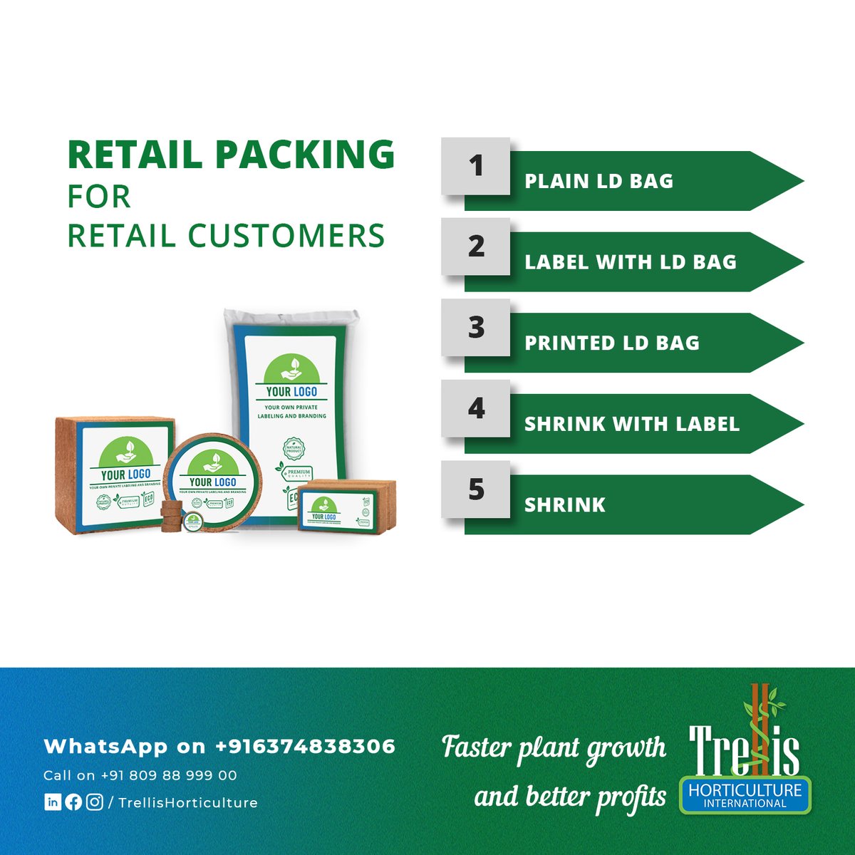 Trelliscoco's tweet image. All coir / cocopeat products available for reselling at retailers’ outlets. Get a variety options in packing. Also, get your branding printed on the product, ready to be sold in your market.

#Retail #retailers #plantretailers #farmsupplies #horticulture