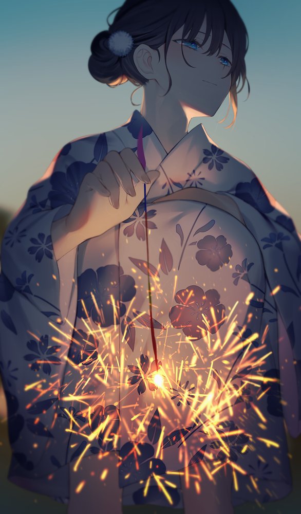 1girl fireworks japanese clothes sparkler kimono solo blue eyes  illustration images