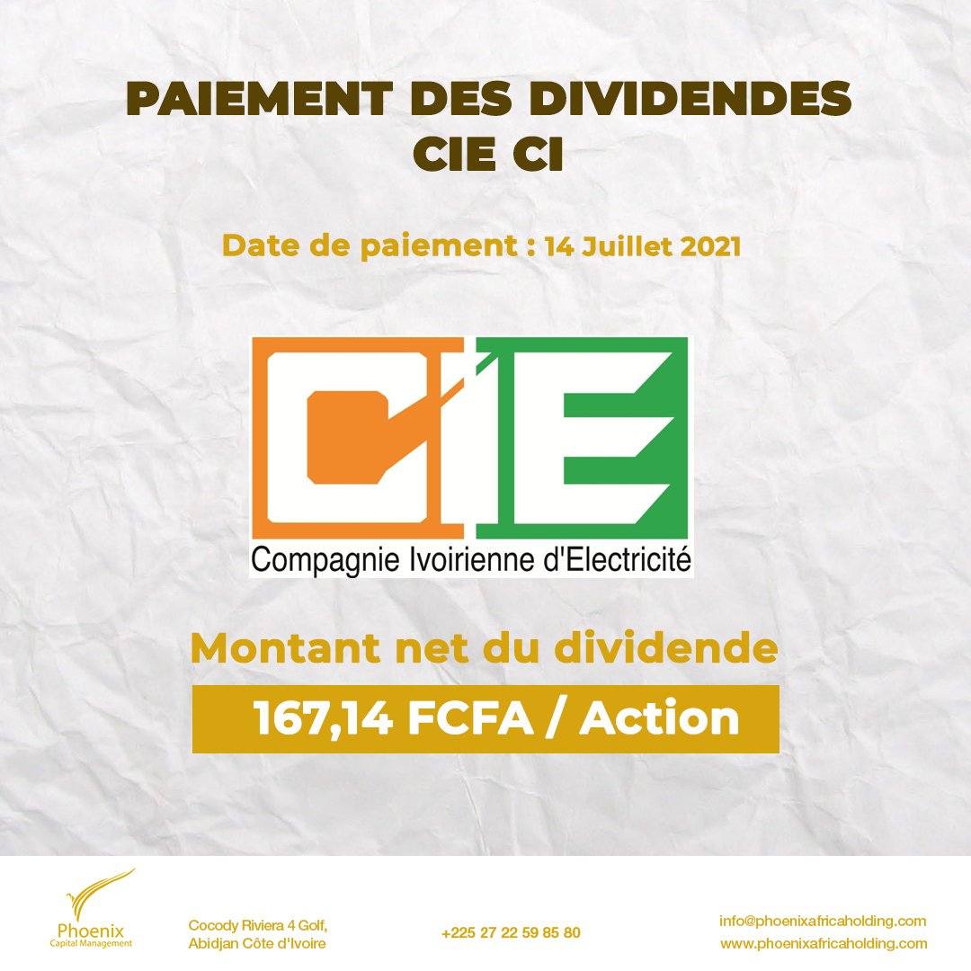 La #CIE a entamé hier 14 juillet 2021 le paiement des dividendes de l'exercice 2020. Elle a enregistré une hausse de 147,47% de son résultat net, (de 6,534 milliards de FCFA à 16,17 milliards). Chaque action sera donc rémunérée à hauteur de 167,14 F.
#ActuBourse #Bourse #BRVM