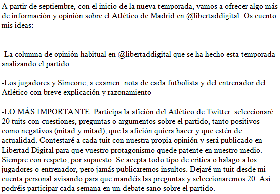 Dvinuesa's tweet photo. Os cuento mis ideas y novedades para la información/opinión del Atlético de Madrid a partir de la temporada que viene en @libertaddigital 

Habrá tres contenidos disponibles y en uno de ellos participáis VOSOTROS https://t.co/4weTi2iFbt