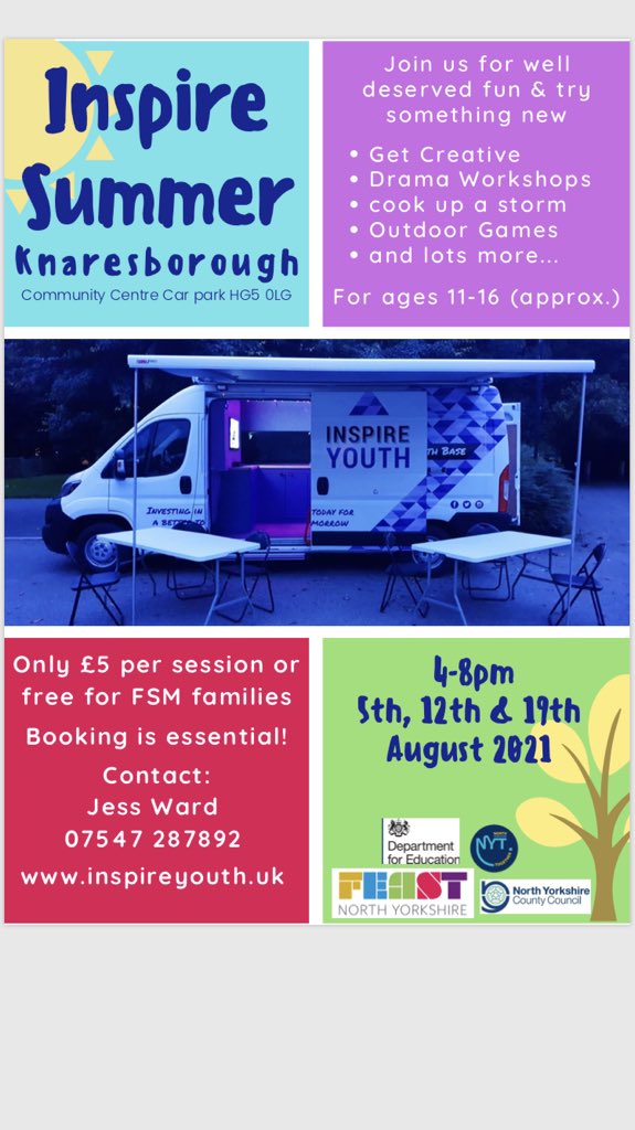 inspireyouth19's tweet photo. We are thrilled to announced our extensive and fun filled Inspire Summer sessions!

Booking is essential, all food and materials are provided. Sessions are £5 or free to FSM families.

Any Q’s get in touch 😊

#YouthWork

@NorthYorksSport @northyorkscc @StarbeckMC @KbroComCentre https://t.co/ZXQE8Tukgf