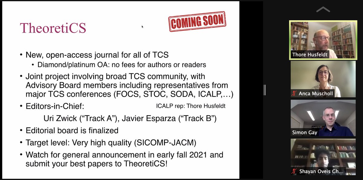 ICALPconf's tweet image. 📢 Coming soon! 🆕 open-access journal for all of TCS will be launched this year (fall 2021): TheoretiCS 👏
Joint project involving the broad #TheoreticalComputerScience community & supported by the main TCS conferences: FOCS, STOC, SODA, ICALP, … 
@eatcs_secretary