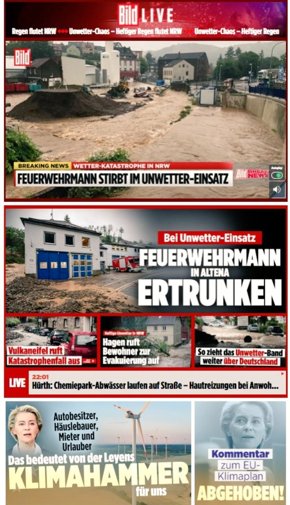 Sowohl die  #BILD, als auch die #CDU legen eine scheinheilige Doppelmoral an den Tag, die ihresgleichen sucht. Akzeptiert die kausalen Zusammenhänge und begreift, dass der Klimawandel auch eure heilige Wirtschaft (-skraft) beeinträchtigt #laschet.
Mehr Klimaschutz - jetzt!!!!