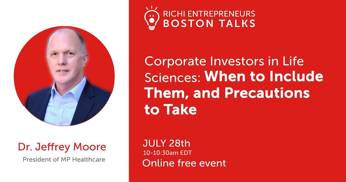 Richi_LS's tweet photo. ENTREPRENEUR ALERT: 30min of real advice from Dr. Jeffrey Moore, President of MP Healthcare, on how a corporate investor can enhance a biotech or med-tech startup on July 28th. FREE Event, Registration Required: https://t.co/30SlJOQAcD
 #REBostonTalks @Lifesciences https://t.co/NGwdOGxC98