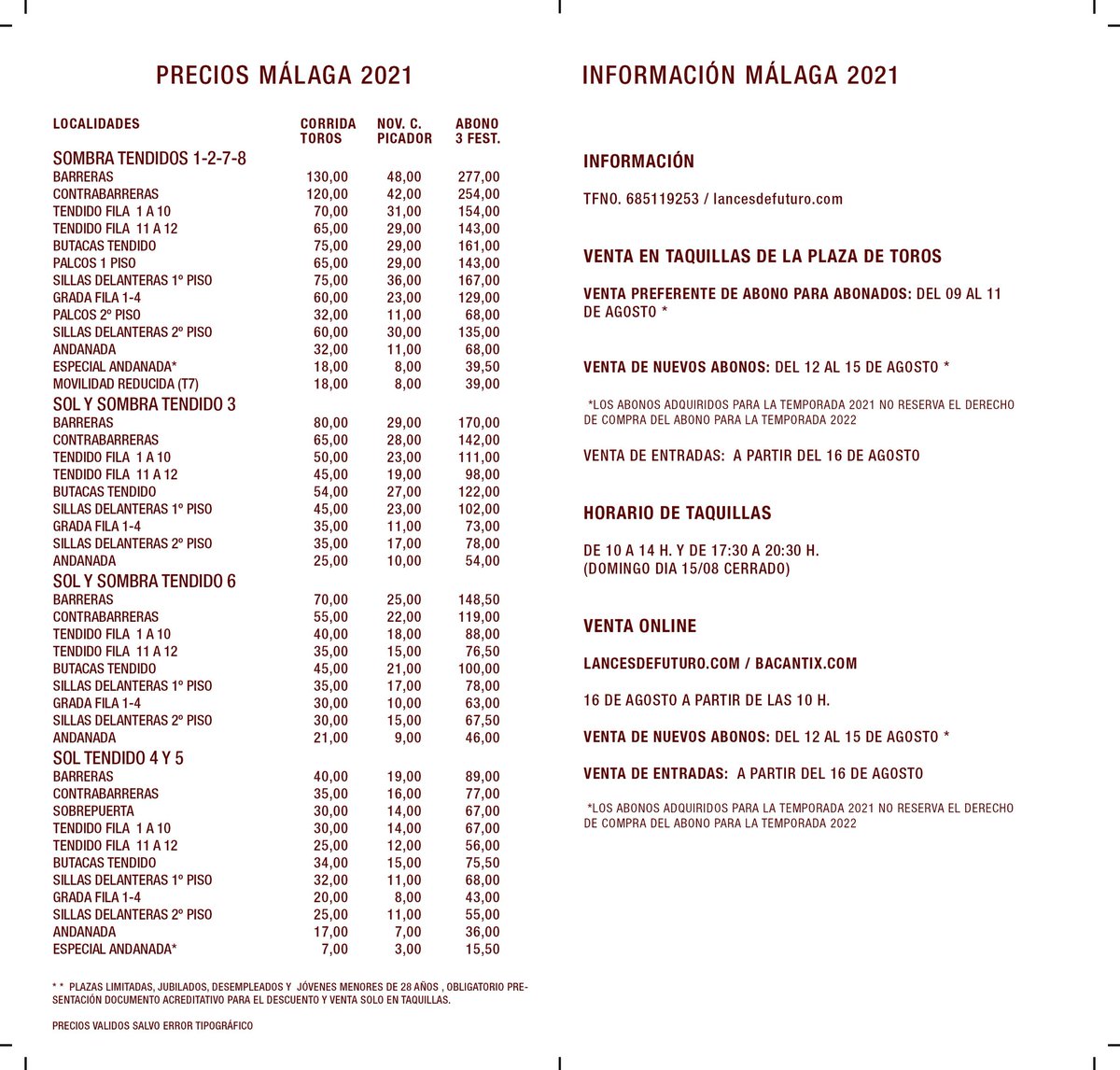 🔴 MÁLAGA Carteles feria taurina 2021, precios y toda la información sobre la venta de abonos y entradas.

VEN Y VÍVELO!!!

#toros #ilusion #100añosPepeLuisVazquez #benefica