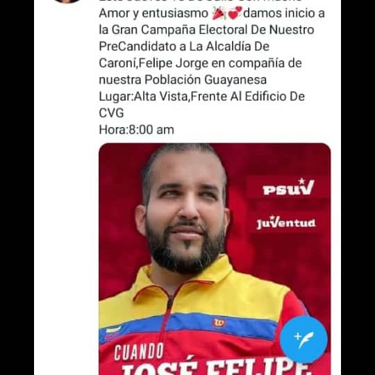 karolmeneces's tweet photo. Vamos todos al inicio de nuestra campaña por un cambio los esperamos
@dcabellor
@NicolasMaduro
#Resteados con FelipeJorge https://t.co/n50UInPoTQ