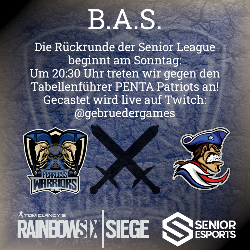 Die Senior League geht in die Rückrunde, am Sonntag Abend geht es für B.A.S. gegen die PENTA Patriots, schaut zu und feuert uns an!

fearless-warriors-esports.de/rueckrunde-der…