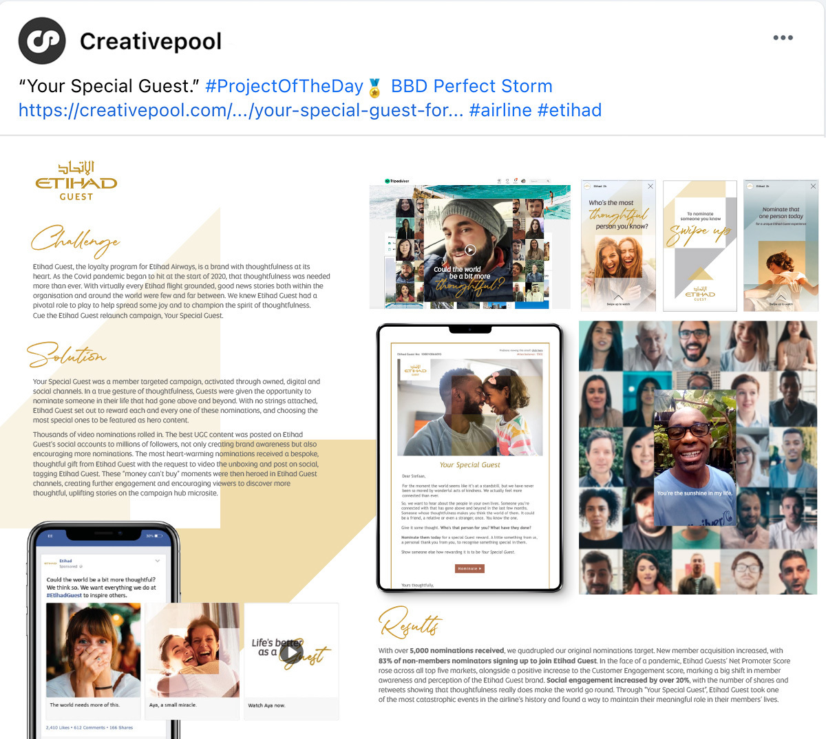 bbdperfectstorm's tweet photo. Big thanks to @creativepool for recognising #YourSpecialGuest as your #ProjectOfTheDay. We’re really proud that we were able to work with our clients, #EtihadGuest to create a campaign of hope during such a difficult moment year. #PSShares #BBDPerfectstorm https://t.co/RQcvQ9bVq7