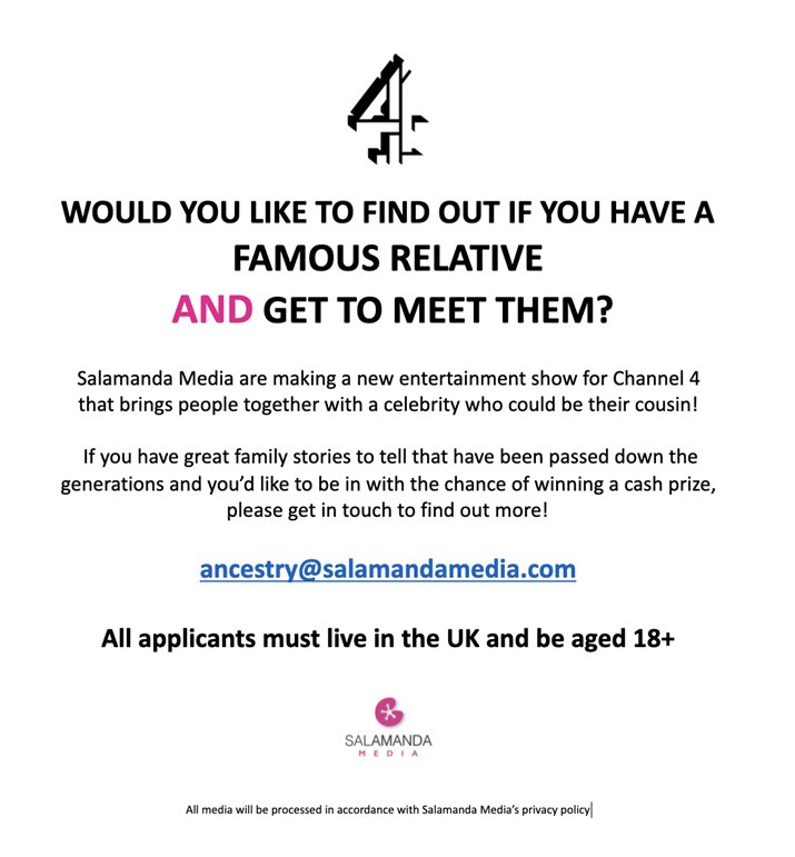 Would you like to find out if you have a famous relative? And get to meet them?

@salamandamedia Are making a new entertainment show for @channel4 that brings people together with a celebrity who could be their cousin!!

channel4.com/press/news/cha…