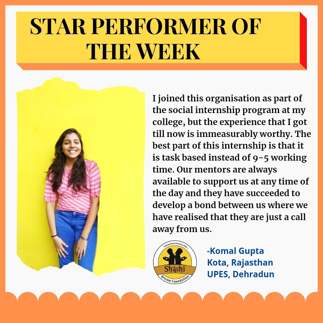 shashi_dream's tweet photo. We are glad to announce Miss Komal Gupta as our Star Performer π and congratulate π her on her phenomenal performance. π«
#Shashi_Dream_Foundation wishes her all the very best π
#StarPerformer #workfromhome #virtuallearning #virtualinternship #VirtualIntern https://t.co/bRiN5oguu1