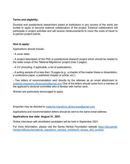 CALL FOR EXTERNAL COLLABORATORS for #MaterialMigrations: open to docs and postdocs at any institution from around the globe!

Please share widely!

Deadline: August 31, 2021

lisa.gerda-henkel-stiftung.de/material_migra…